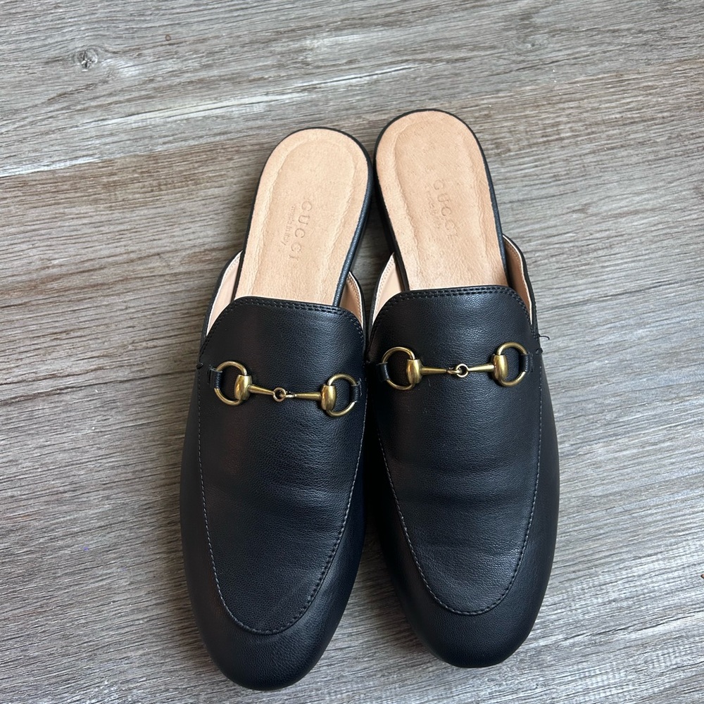 Gucci Black Leather Mules with Gold Hardware